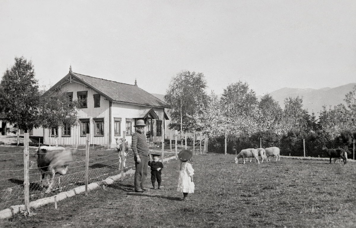 Garden Bergene med bygningar, folk, kyr og sauer