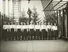 En grupp kvinnliga gymnaster i gymnastiksalen på småskoleseminariet (Ringsbergsskolan) (?). I bakgrunden är 
uppsatta en rad granar, inför en uppvisning (?).
Växjö, ca 1914.