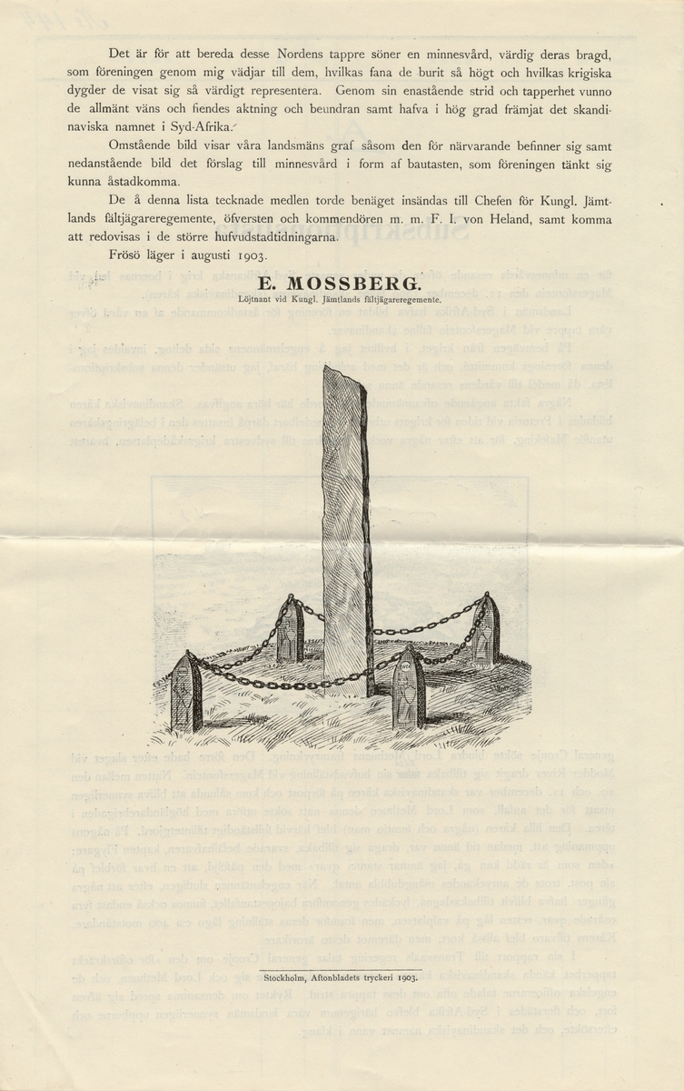 Fotoalbum visande bilder på monumentet över fallna skandinavier i Magersfontein. Slaget vid Magersfontein var en del av andra Boerkriget och tog plats i Sydafrika den 10-11 december 1899. I slaget deltog på boernas sida även den så kallade Skandinaviska kåren med deltagare från Sverige, Norge, Danmark och Finland. Minnesmärket restes den 25 april 1908.