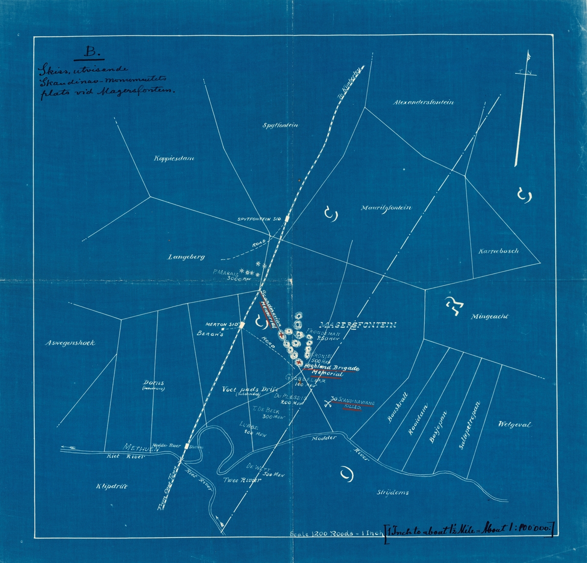 Fotoalbum visande bilder på monumentet över fallna skandinavier i Magersfontein. Slaget vid Magersfontein var en del av andra Boerkriget och tog plats i Sydafrika den 10-11 december 1899. I slaget deltog på boernas sida även den så kallade Skandinaviska kåren med deltagare från Sverige, Norge, Danmark och Finland. Minnesmärket restes den 25 april 1908.
