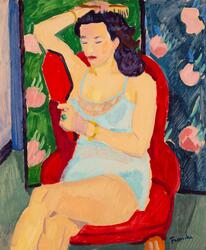 Modell med spegel i röd fåtölj