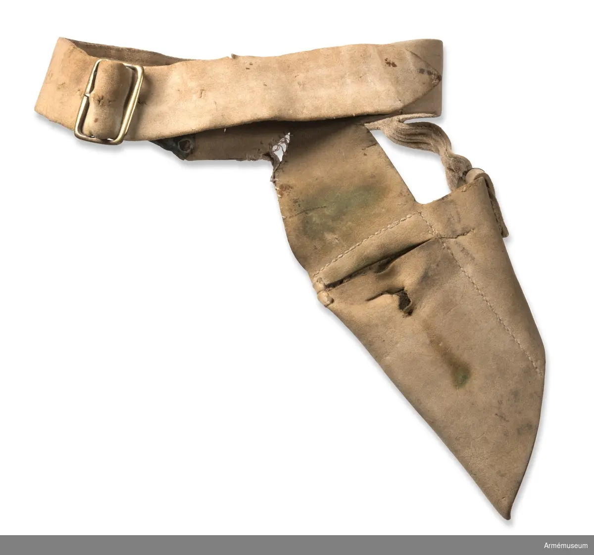 Livgehäng av gult sämskat läder med två mässingsspännen.