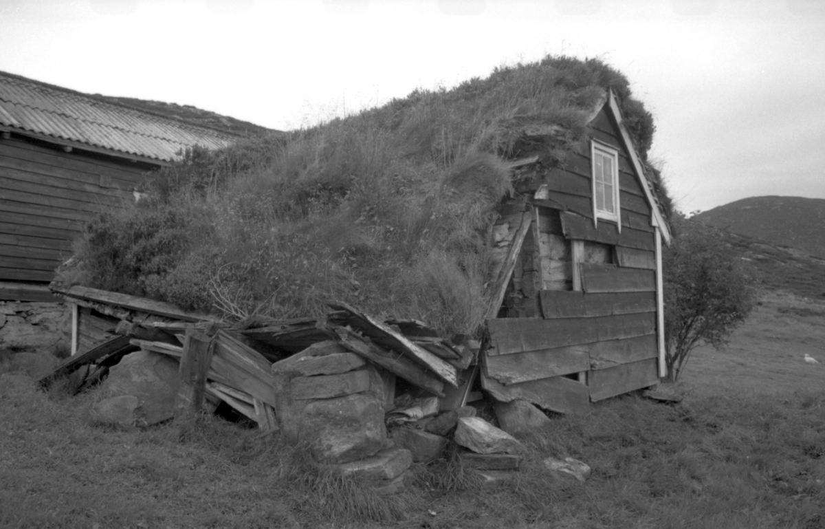Dokumentasjonsfotografi i serie av et kårhus, stabbur og utedo på gården Reite i Herøy.