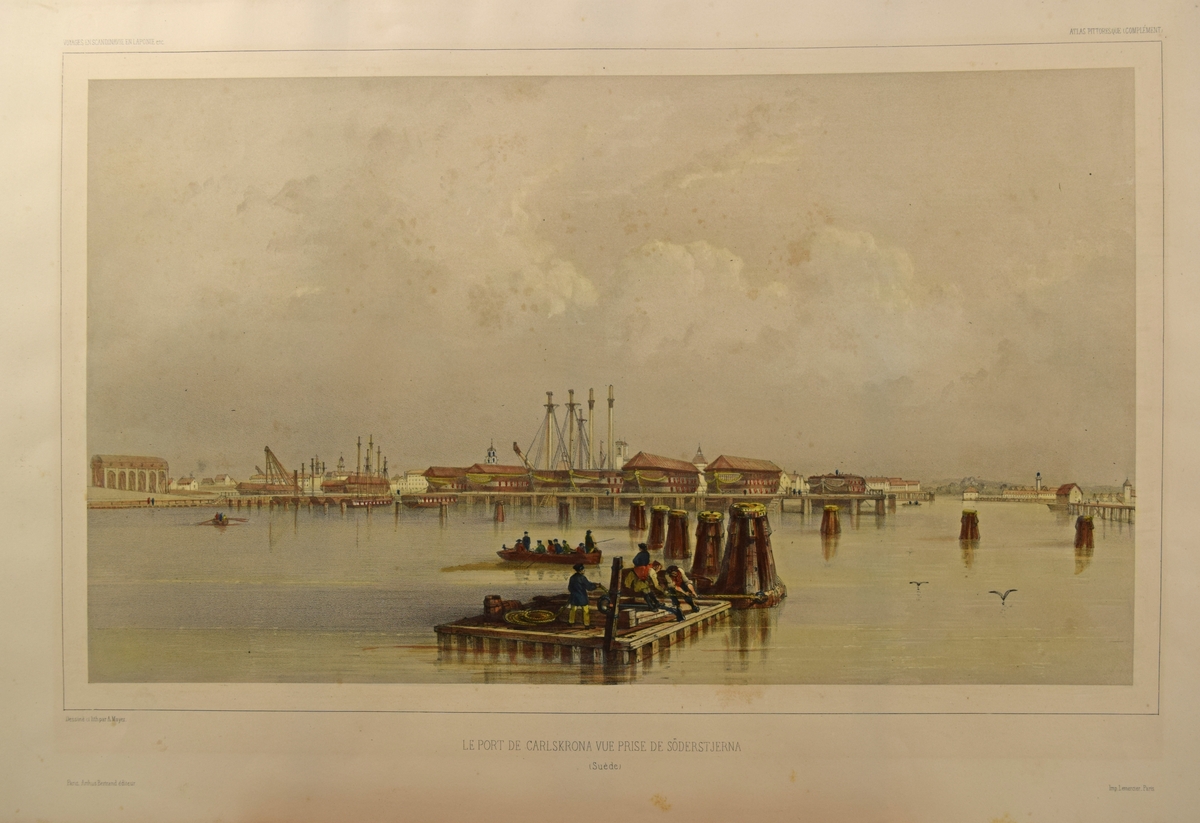 Motiv från Karlskrona Örlogsvarv från omkring år 1830. Hamnen vid Söderstjärna.

Märkning: Le Port de Carlskrona vue prise de Söderstjerna samt i nedre vänstra hörnet : Dessiné et lith par A. Mayer.
Inom glas och ram. Ramen av teak.