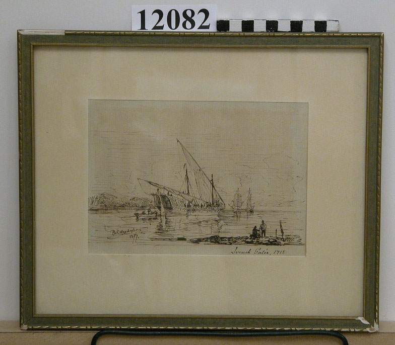 Tuschteckning föreställande "Svensk Galér, 1718. P. Wilh. Cedergren 1877". Anteckning med bläck på papper å baksidan: Ur Professor M. Sonden saml. Bukowski auktion 25/10 1913. kat. 198, 862.

Ramen grön med guldkanter.