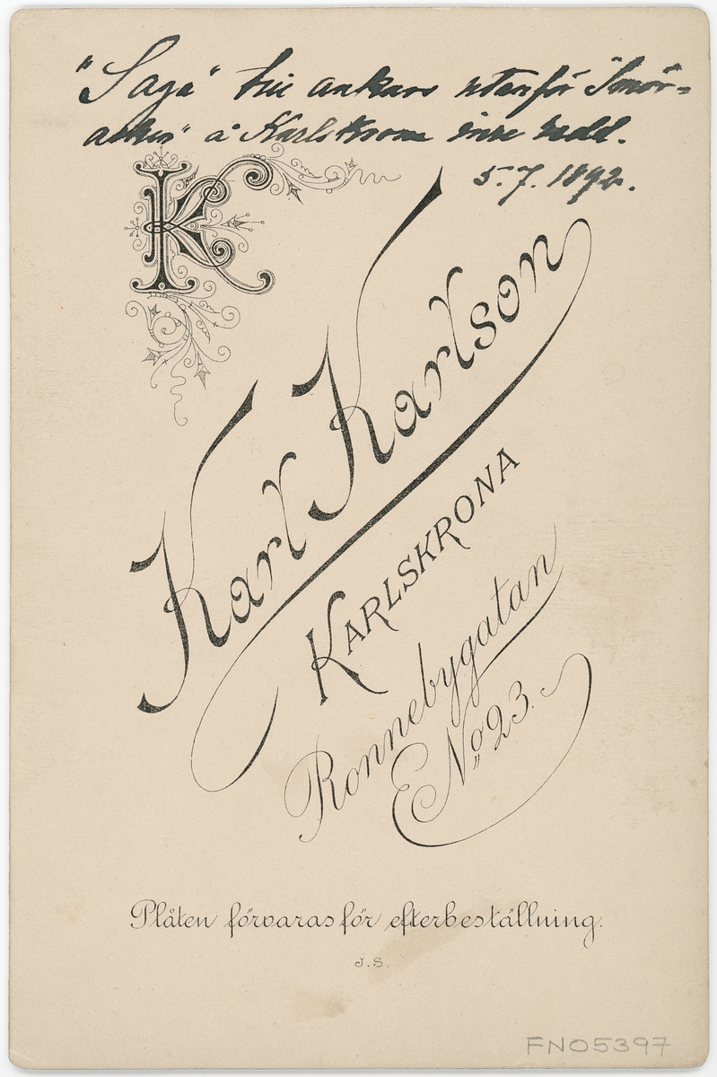 Kabinettsfotografi - skeppet Saga, Karlskrona 1892