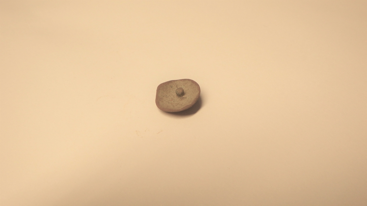 Tilnærmet rund metallplate med noe buet utforming. Rester av noe som kan være punsling langs kanten, samt en knopp i midten som er enden på naglen som går gjennom platen. Dette er et lite pyntebeslag eller en pyntenagle.