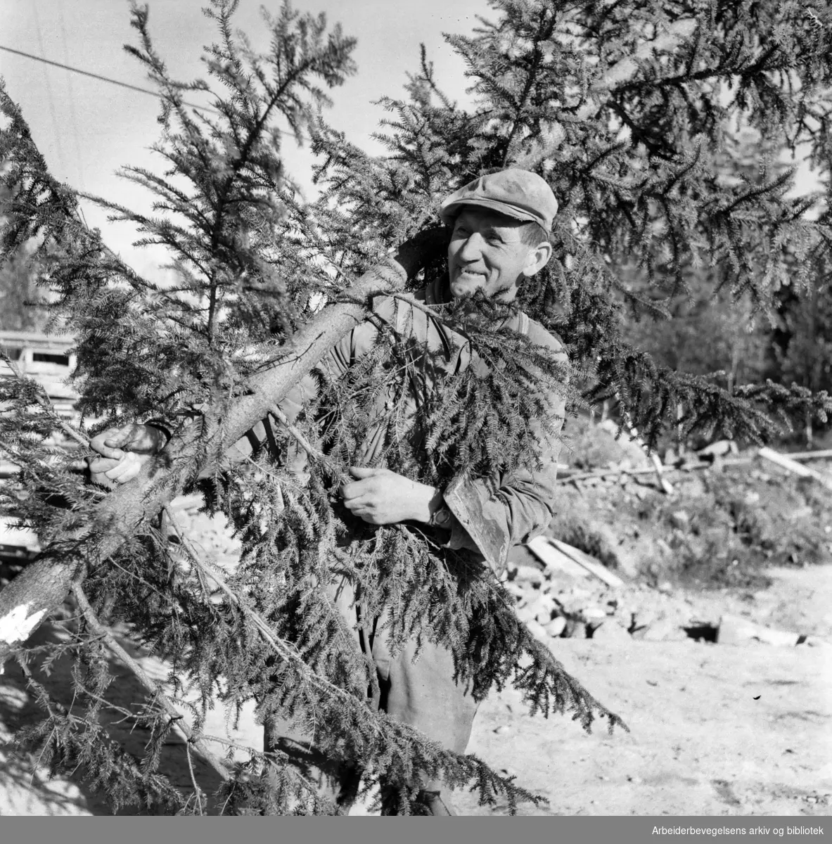 Snekker Anton Wegger forbereder kranseskåla på det nye Tryvannstårnet. September 1960