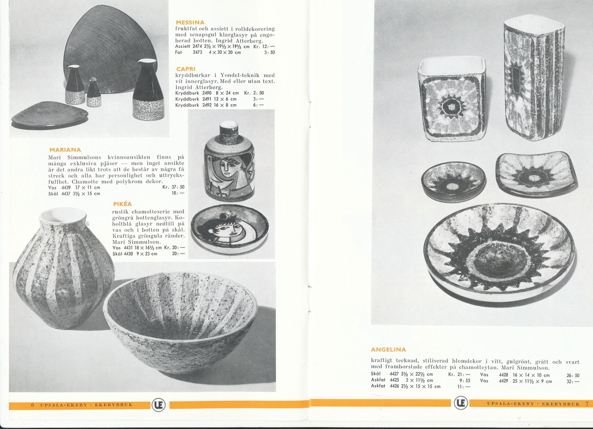 Produktkatalog, över 1960 års produktion av keramik vid Upsala-Ekeby/Gefle Porslinsbabrik.