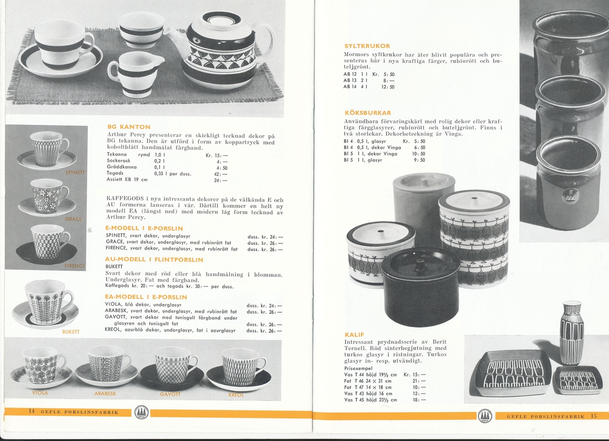 Produktkatalog, över 1960 års produktion av keramik vid Upsala-Ekeby/Gefle Porslinsbabrik.