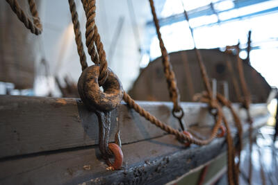 Detail of rigging and ropework on the Fembøring in the Boat Hall at the Norwegian Maritime Museum.