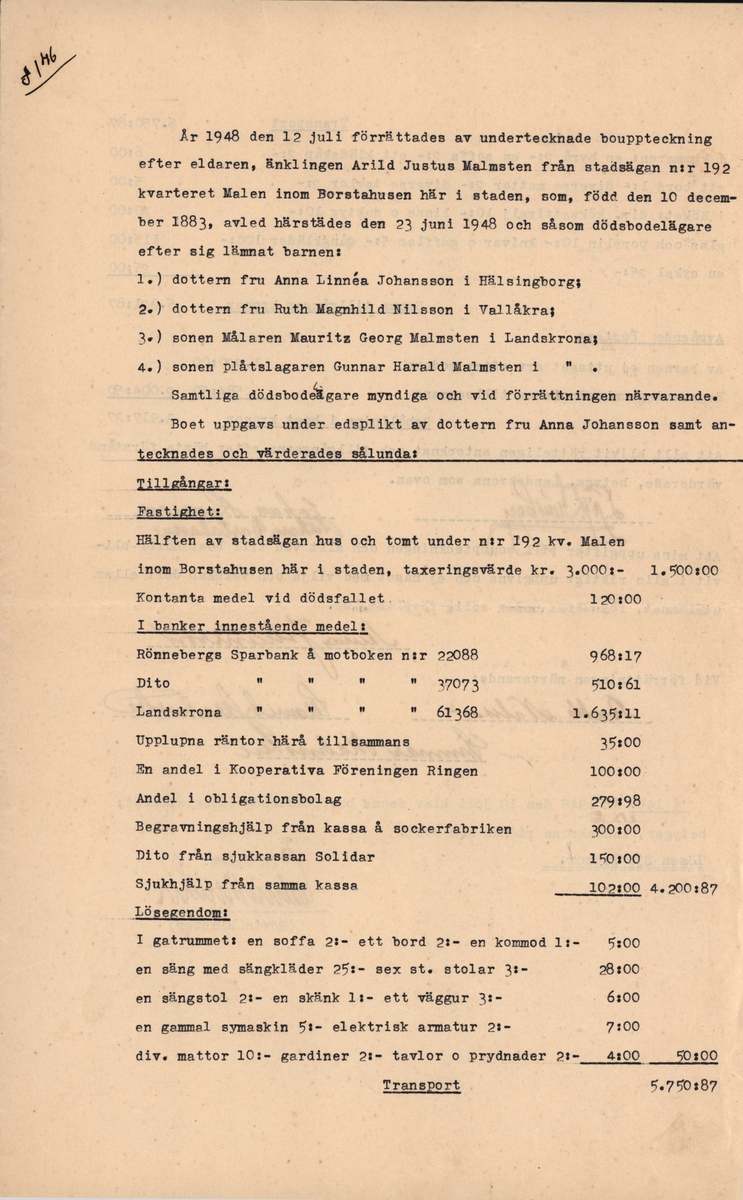 Bouppteckning efter Arild Malmsten, Borstahusen, 12 juli 1948.