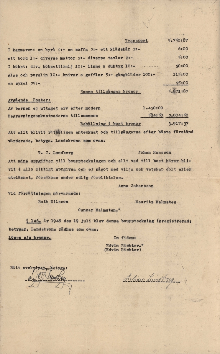 Bouppteckning efter Arild Malmsten, Borstahusen, 12 juli 1948.