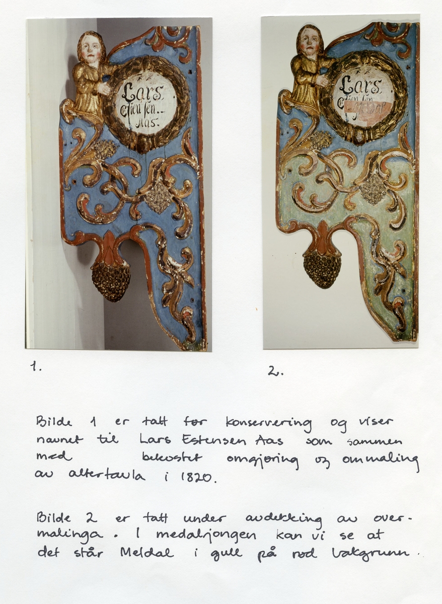 Det følgende er basert på Vigdis Vingelsgaards analyse av altertavla (Vingelsgaard 2004; se referanser).

Hovedtavla viser julenattmotivet med gjeternes tilbedelse. Jesus er svøpt i et klede, ligger på halm og blir våka over av en engel. Maria står til venstre med korsede armer. Josef står til høyre med en fakkel. Til høyre for ham igjen er det to gjetere, en okse og et esel. Til venstre for Maria sitter en knelende gjeter med hodeplagg. Det skimtes et bylandskap i bakgrunnen. På himmelen er det skyer med en engel. Scena har trekk fra et tresnitt av Albrecht Dürer.

Mellom hovedtavla og tavla over er deler av en tekst bevart; "En søn er os given E". Det er sannsynlig at dette er deler av vers 9.6 i Jesaia. Hele sitatet på tavla kan ha vært" Et barn er os født En søn er os given Esaias IX VI."

Den øverste tavla har Maria bebudelse som motiv. Øverst i bildet ser vi en due. Den symboliserer Gud, og sender engelen Gabriel med budskapet til Maria. Hun sitter i sitt sengekammer med en oppslått bok foran seg. Hendene hennes er samla foran brystet og hodet er vendt mot engelen. I bakgrunnen ser vi en himmelseng med draperi. 

I sin venstre hånd holder Gabriel et septer (en stav) med et bånd slynga rundt. På båndet står det en hilsen. Med den høyre hånda velsigner han Maria med korsets tegn.
Tavla ligner Virgil Solis (1514-1562) tresnitt av bebudelsen fra 1562.