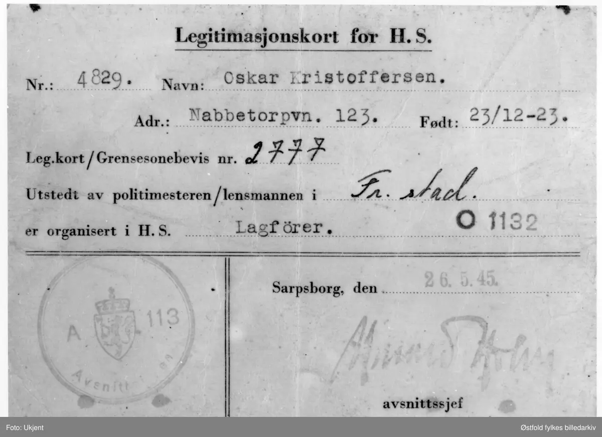 Legitimasjonskort, Hjemmestyrkene,