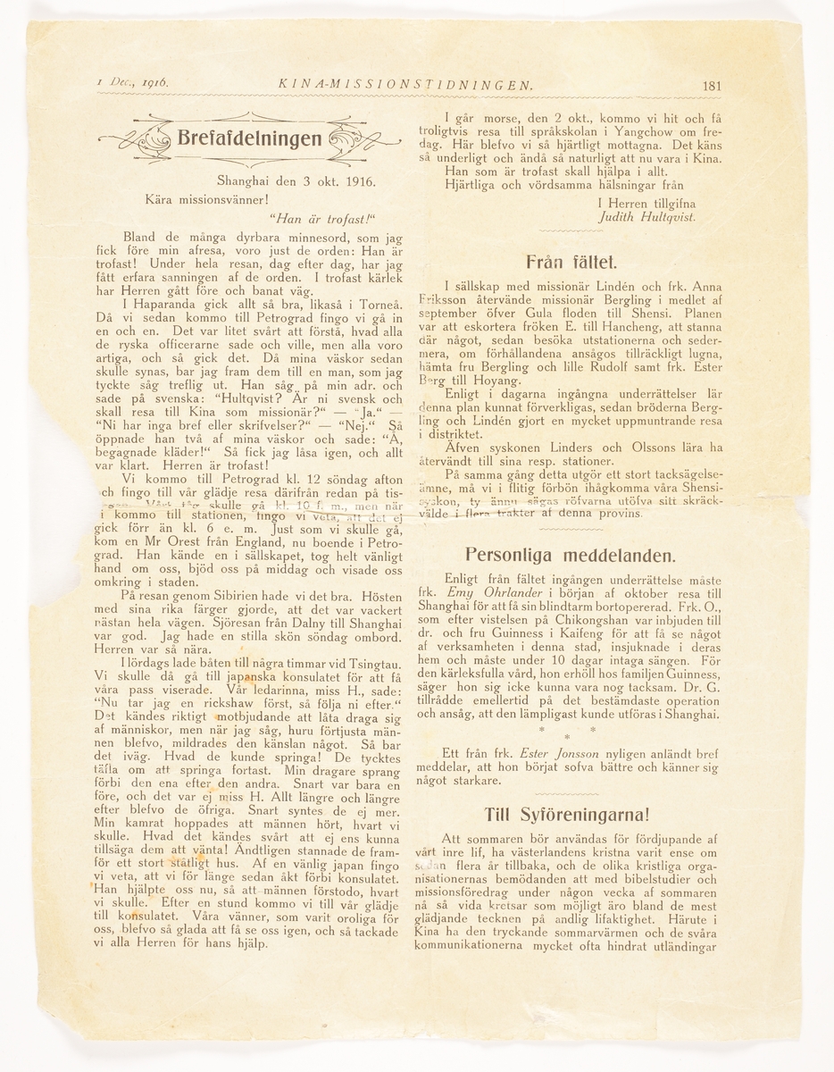 Tidningsurklipp från tidningen Kina-missionstidingen där Judith Hultqvist skriver om sin resa till Kina 1916, en form av reseskilding då hon med tåg reste från norra Sverige till Kina genom Finland och Ryssland.