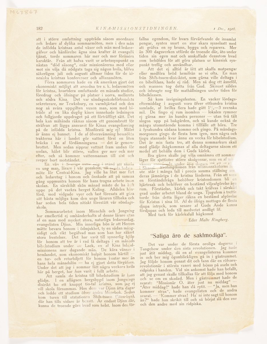 Tidningsurklipp från tidningen Kina-missionstidingen där Judith Hultqvist skriver om sin resa till Kina 1916, en form av reseskilding då hon med tåg reste från norra Sverige till Kina genom Finland och Ryssland.