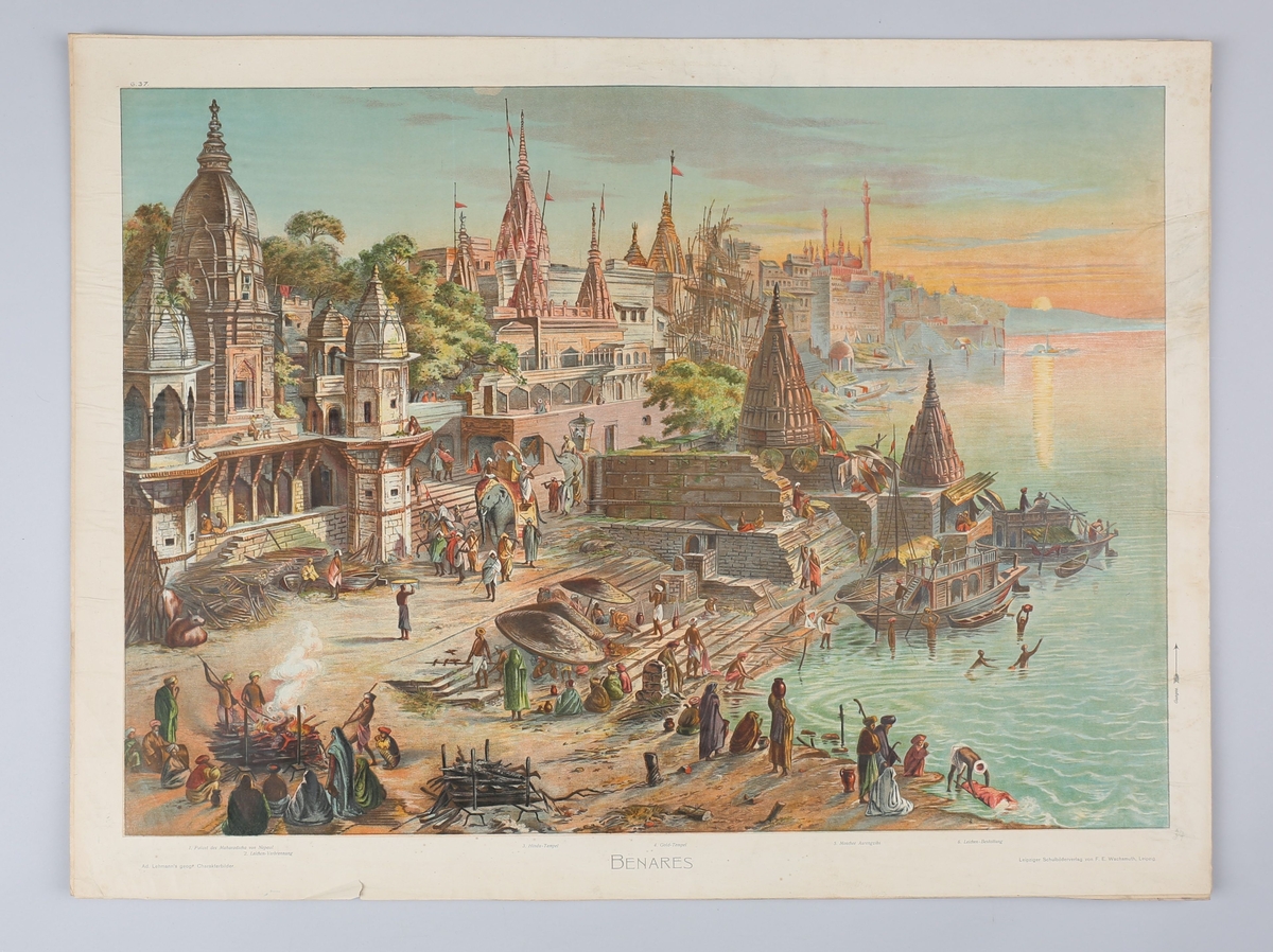 Scene fra Benares, India, hindu- tempel, likbrenning.