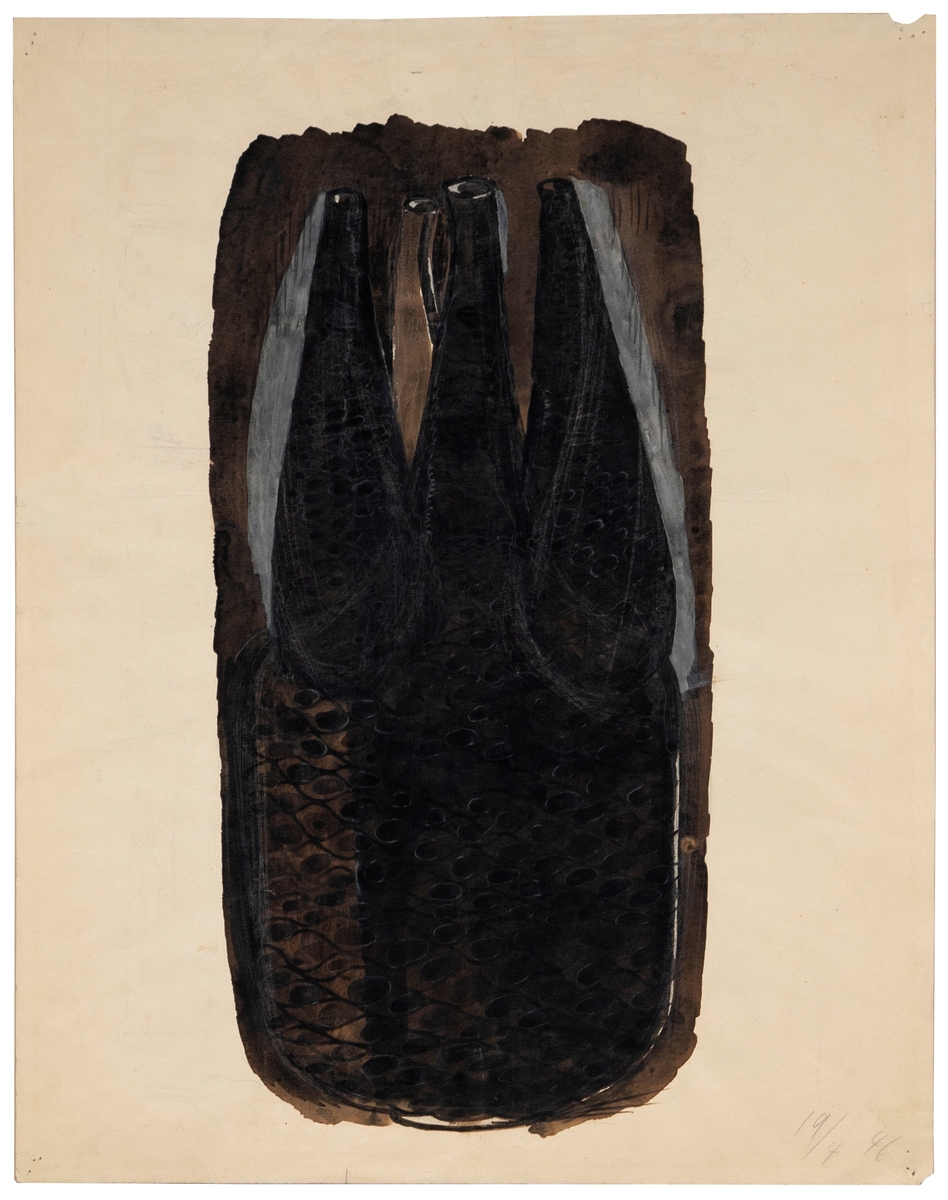 1) På forsiden er det et utkast til en keramisk vase. På baksiden er det et billedmotiv med hjortedyr. 

2) To utkast til samme type keramisk vase ved siden av hverandre. 

3) Utkast til en keramisk vase.

4) Utkast til en keramisk vase. 

5) Utkast til en keramisk vase.