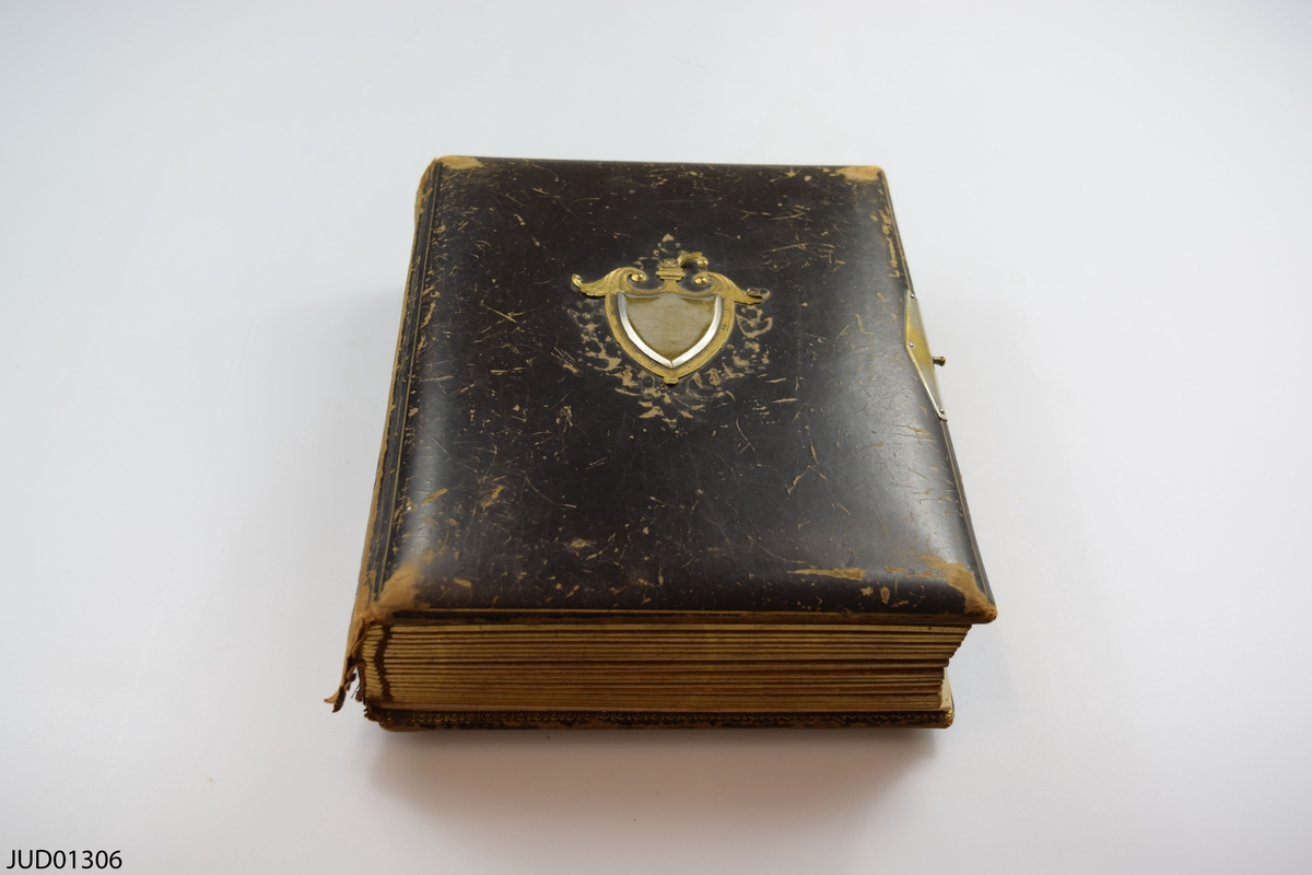 Fotoalbum i skinn med guld- och metalldekor. Porträtt i visitkorts- och kabinettsformat.