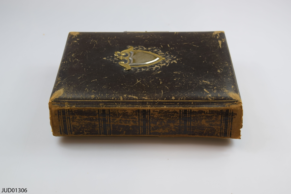 Fotoalbum i skinn med guld- och metalldekor. Porträtt i visitkorts- och kabinettsformat.