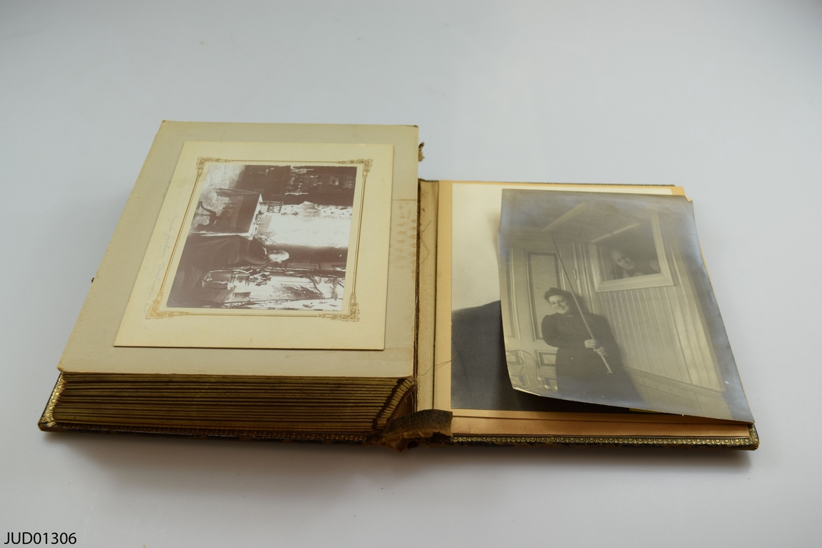 Fotoalbum i skinn med guld- och metalldekor. Porträtt i visitkorts- och kabinettsformat.