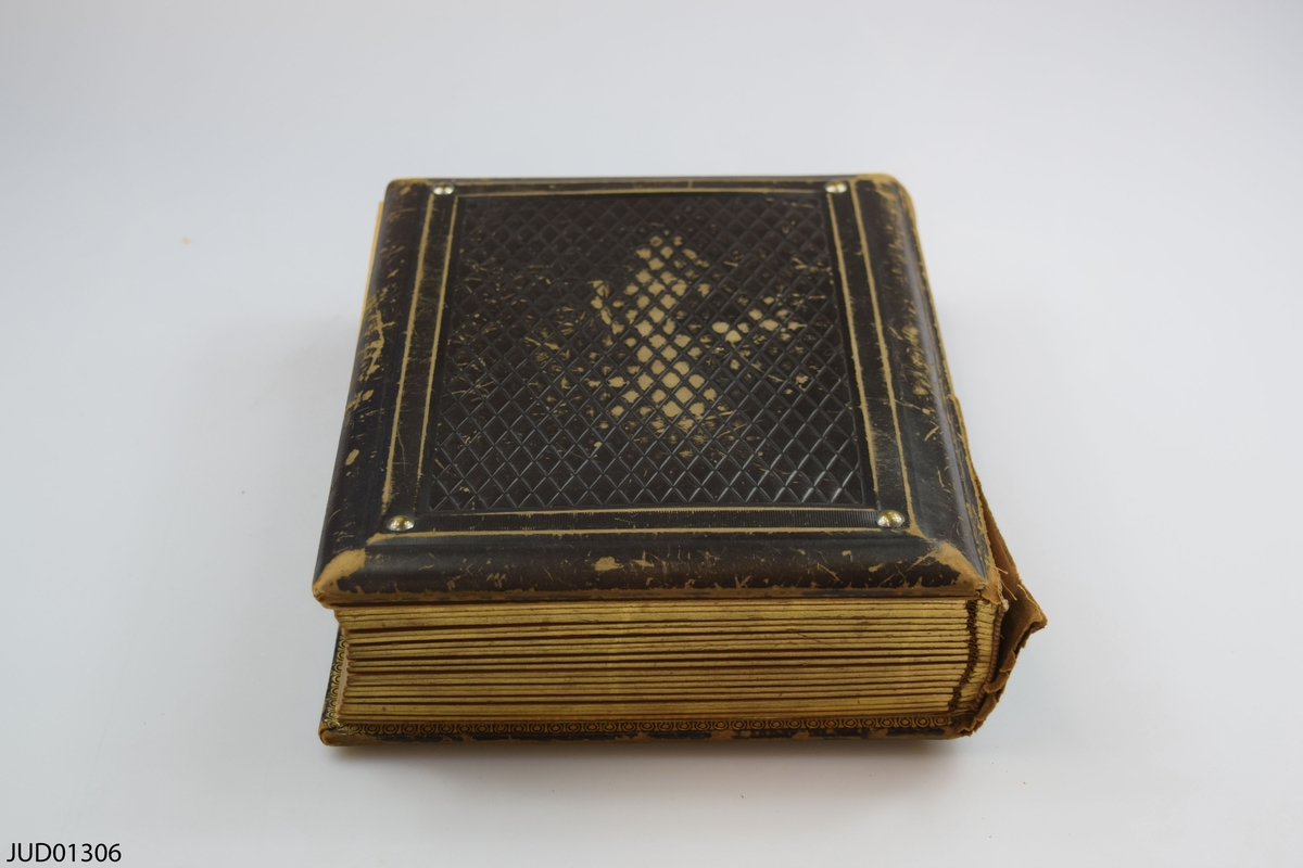 Fotoalbum i skinn med guld- och metalldekor. Porträtt i visitkorts- och kabinettsformat.