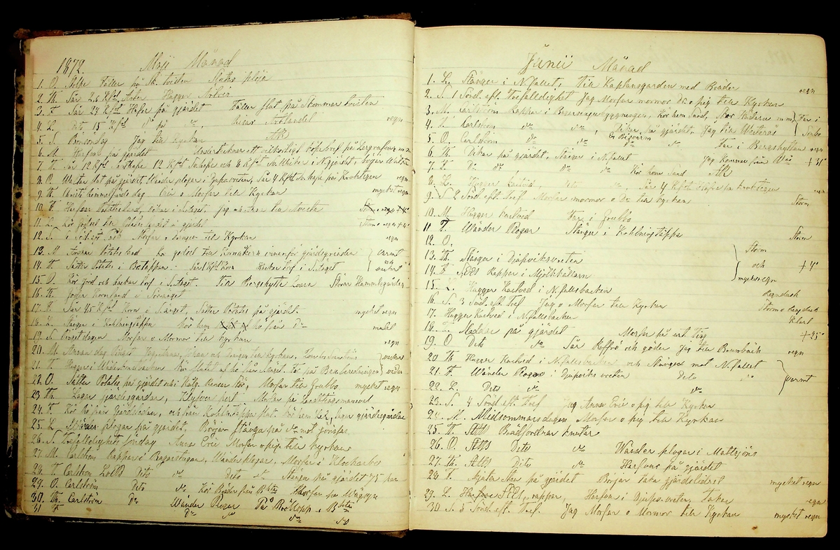 Bondedagbok förd av Anders Persson, från år 1872, och hans son Johan Andersson, från åren 1888-1900, på gården Tomtas. 
Innehåller anteckningar om bl.a. jordbruksarbete, väderlek och resor.