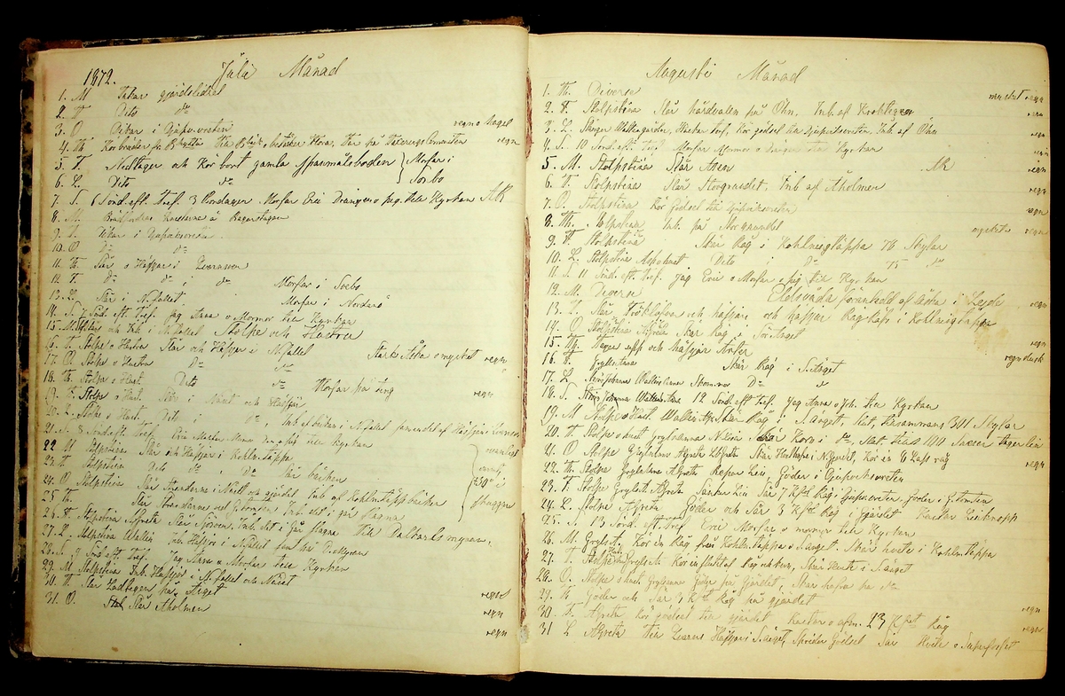 Bondedagbok förd av Anders Persson, från år 1872, och hans son Johan Andersson, från åren 1888-1900, på gården Tomtas. 
Innehåller anteckningar om bl.a. jordbruksarbete, väderlek och resor.