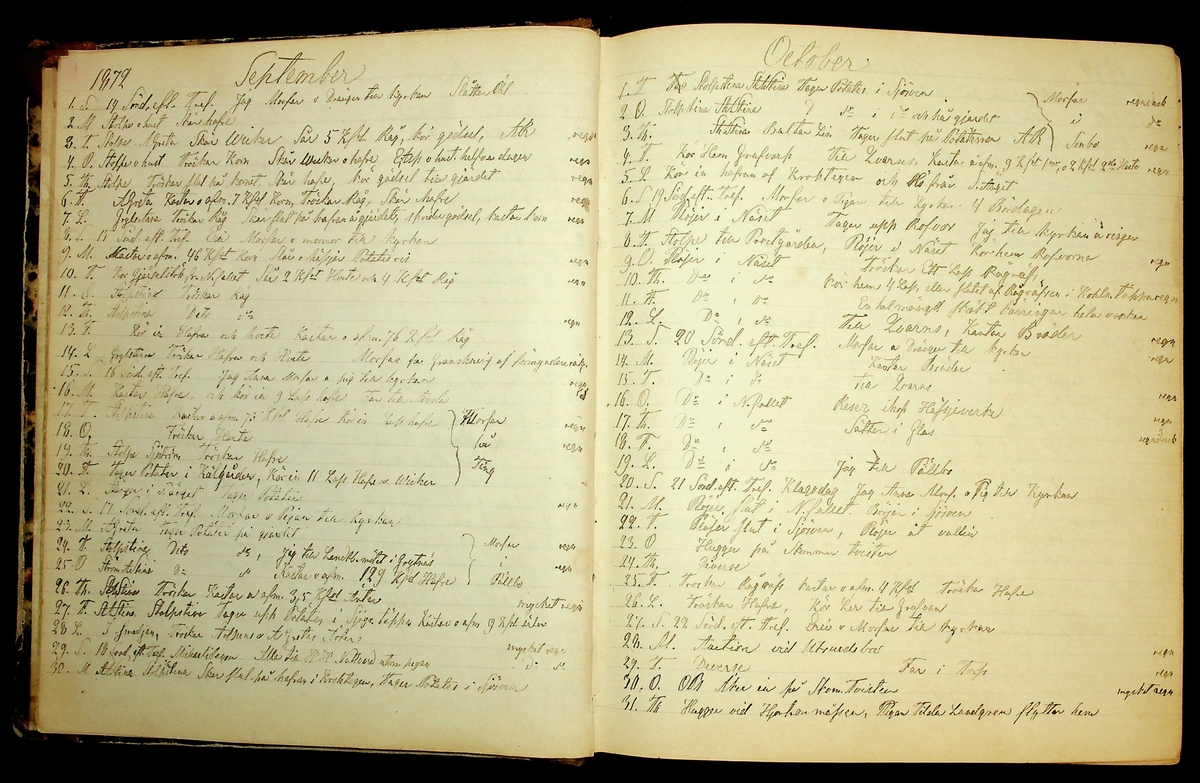 Bondedagbok förd av Anders Persson, från år 1872, och hans son Johan Andersson, från åren 1888-1900, på gården Tomtas. 
Innehåller anteckningar om bl.a. jordbruksarbete, väderlek och resor.