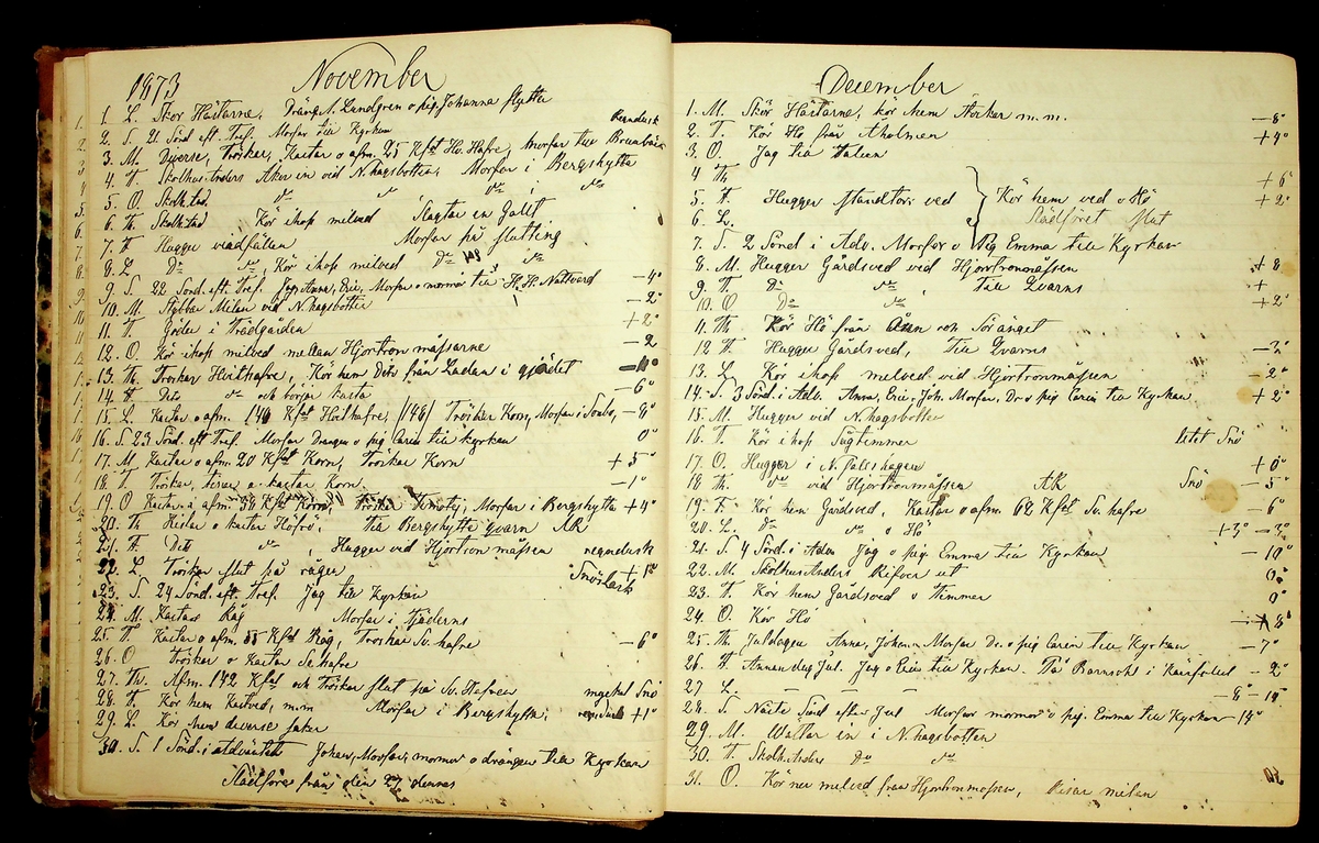 Bondedagbok förd av Anders Persson, från år 1872, och hans son Johan Andersson, från åren 1888-1900, på gården Tomtas. 
Innehåller anteckningar om bl.a. jordbruksarbete, väderlek och resor.