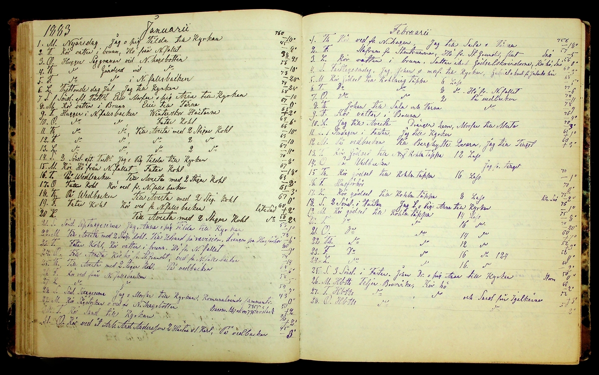 Bondedagbok förd av Anders Persson, från år 1872, och hans son Johan Andersson, från åren 1888-1900, på gården Tomtas. 
Innehåller anteckningar om bl.a. jordbruksarbete, väderlek och resor.