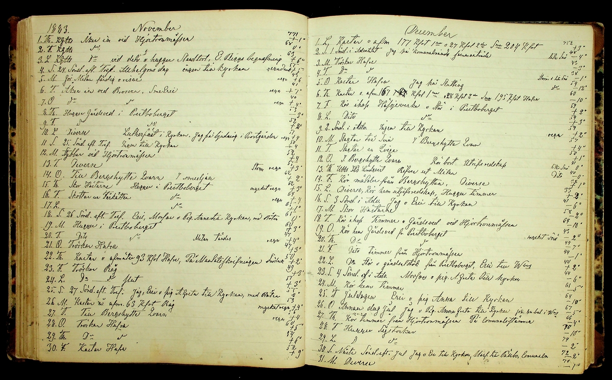 Bondedagbok förd av Anders Persson, från år 1872, och hans son Johan Andersson, från åren 1888-1900, på gården Tomtas. 
Innehåller anteckningar om bl.a. jordbruksarbete, väderlek och resor.