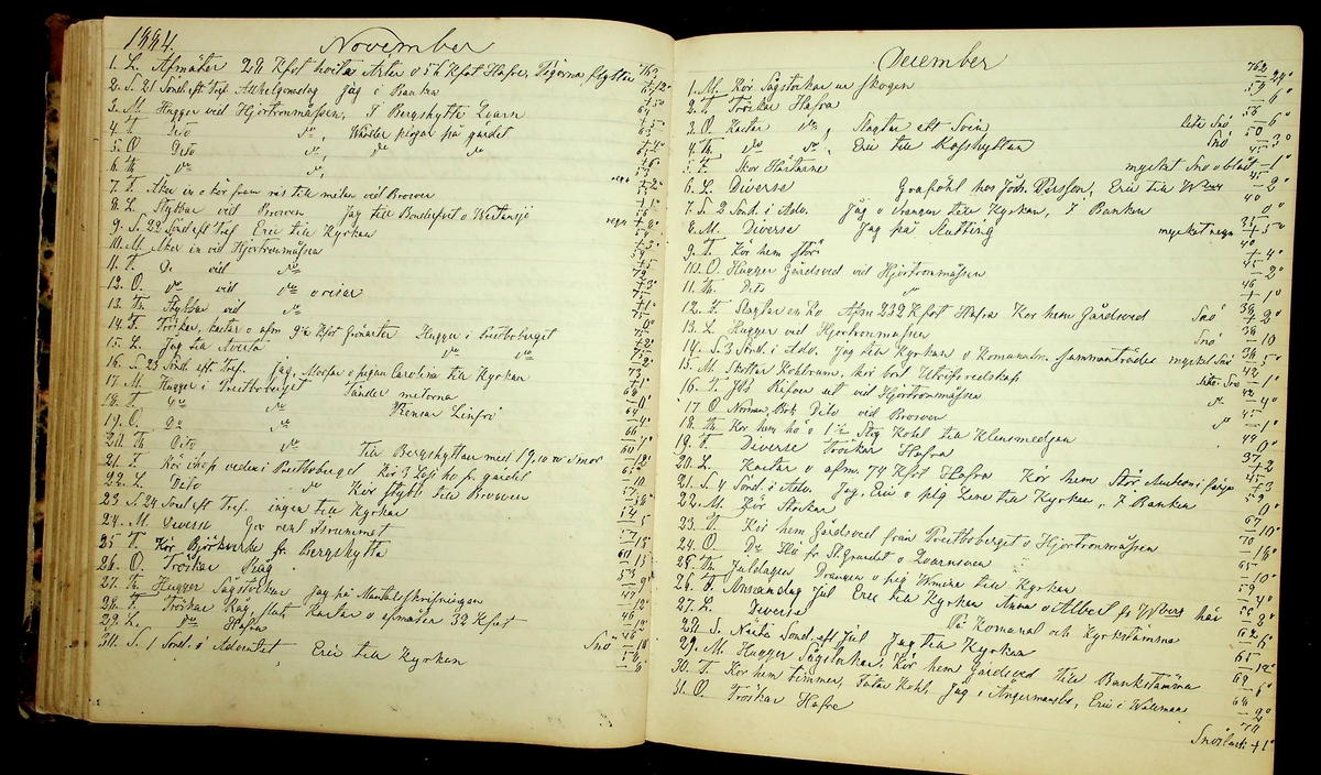 Bondedagbok förd av Anders Persson, från år 1872, och hans son Johan Andersson, från åren 1888-1900, på gården Tomtas. 
Innehåller anteckningar om bl.a. jordbruksarbete, väderlek och resor.