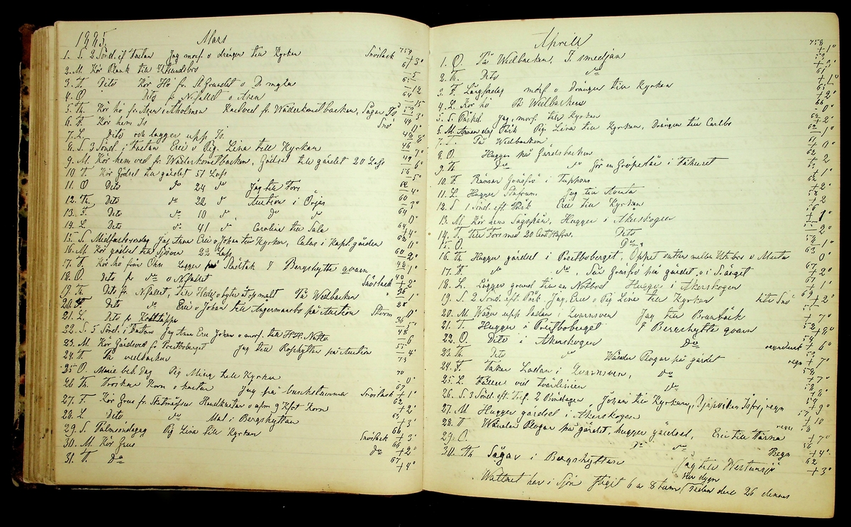 Bondedagbok förd av Anders Persson, från år 1872, och hans son Johan Andersson, från åren 1888-1900, på gården Tomtas. 
Innehåller anteckningar om bl.a. jordbruksarbete, väderlek och resor.