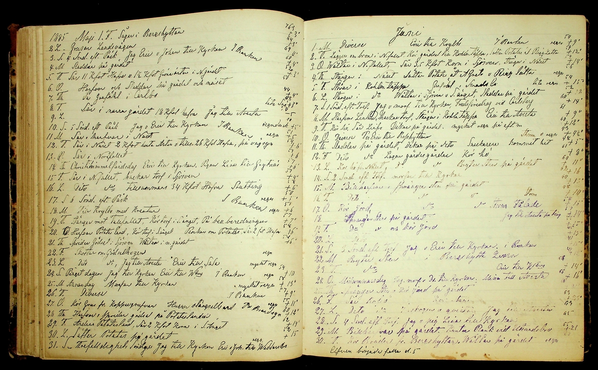 Bondedagbok förd av Anders Persson, från år 1872, och hans son Johan Andersson, från åren 1888-1900, på gården Tomtas. 
Innehåller anteckningar om bl.a. jordbruksarbete, väderlek och resor.