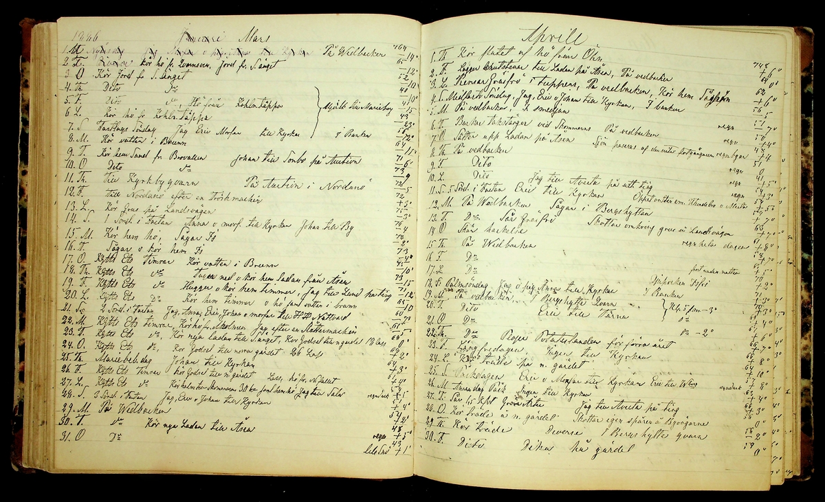 Bondedagbok förd av Anders Persson, från år 1872, och hans son Johan Andersson, från åren 1888-1900, på gården Tomtas. 
Innehåller anteckningar om bl.a. jordbruksarbete, väderlek och resor.