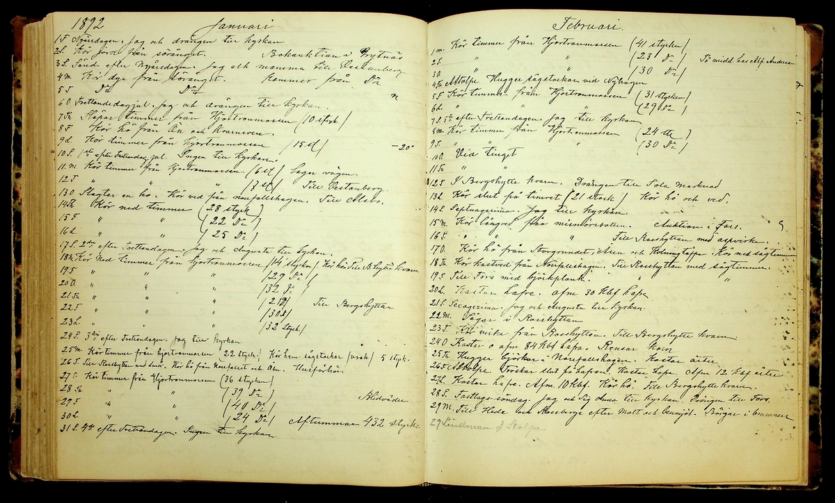 Bondedagbok förd av Anders Persson, från år 1872, och hans son Johan Andersson, från åren 1888-1900, på gården Tomtas. 
Innehåller anteckningar om bl.a. jordbruksarbete, väderlek och resor.