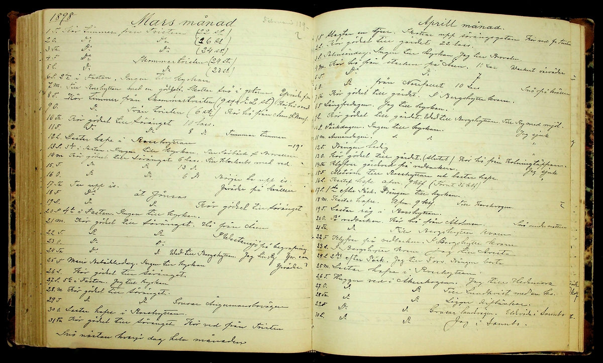 Bondedagbok förd av Anders Persson, från år 1872, och hans son Johan Andersson, från åren 1888-1900, på gården Tomtas. 
Innehåller anteckningar om bl.a. jordbruksarbete, väderlek och resor.