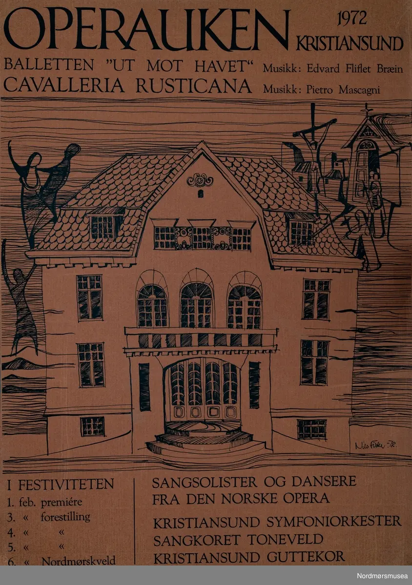 Operaplakat. Operauken Kristiansund 1972. Balletten "Ut mot havet" Cavalleria Rusticana. Musikk: Edvard Fliflet Bræin. Musikk: Pietro Masccagni. Sangsolister og dansere fra Den Norske Opera. Kristiansund symfoniorkester, Sankoret Toneveld og Kristiansund guttekor. Fra Nordmøre museums fotosamlinger.