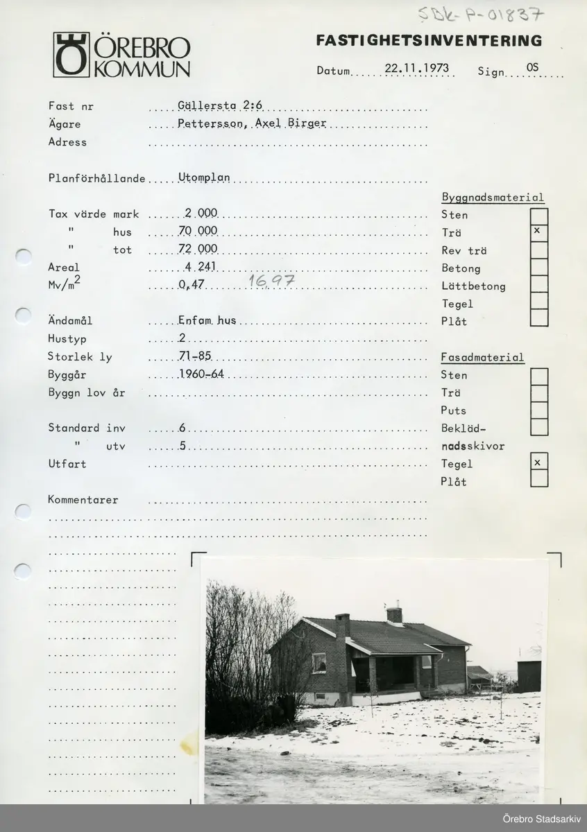 Fastighetsinventering. Gällersta 2:6, 1973-11-22