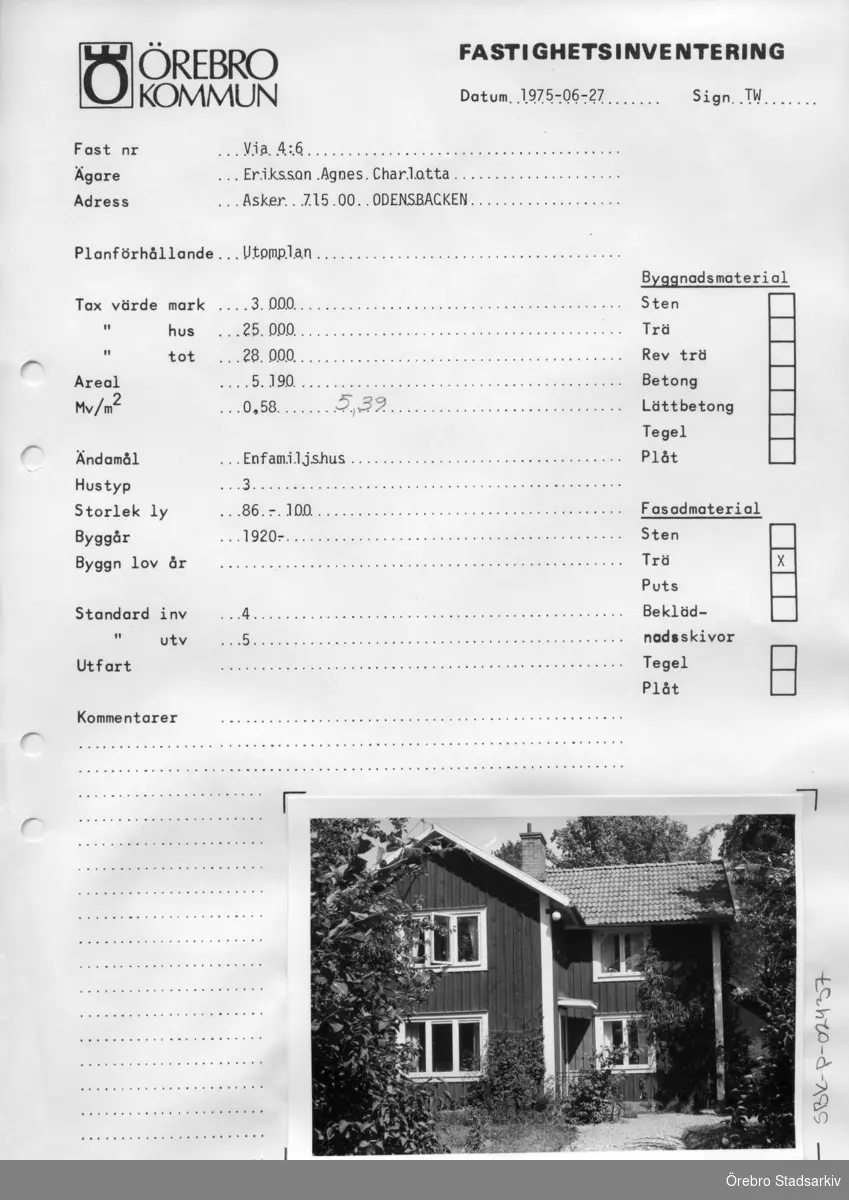 Fastighetsinventering. Via 4:6, 1975-06-24