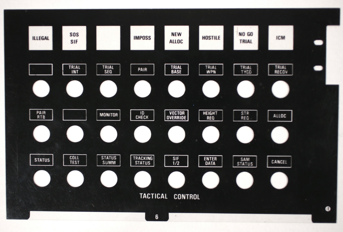 Plastplate med hull for knapper. disse knapper er fastmontert i Selenia konsollet.