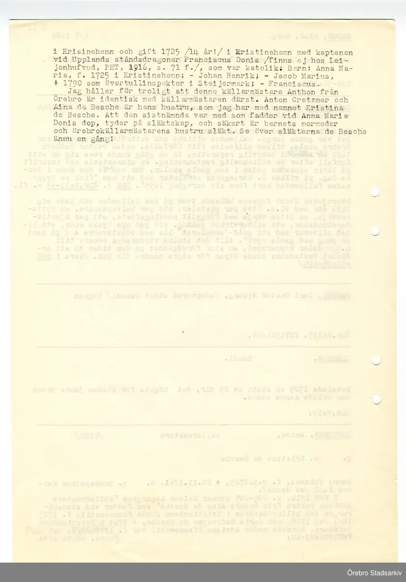 Olof Cadou borgare, Jakob Persson stortjuv. Magnus Callander född i Lerbäck borgmästare handlande, Jacob Persson stortjuv. Carl Gustaf Wiberg Cassel lagman. NN Classon handlande. Anton Cretzmer källarmästare, Kristina de Besche hustru, Johanna född 1723 dotter, Marcus Pahl brukspatron svärson.