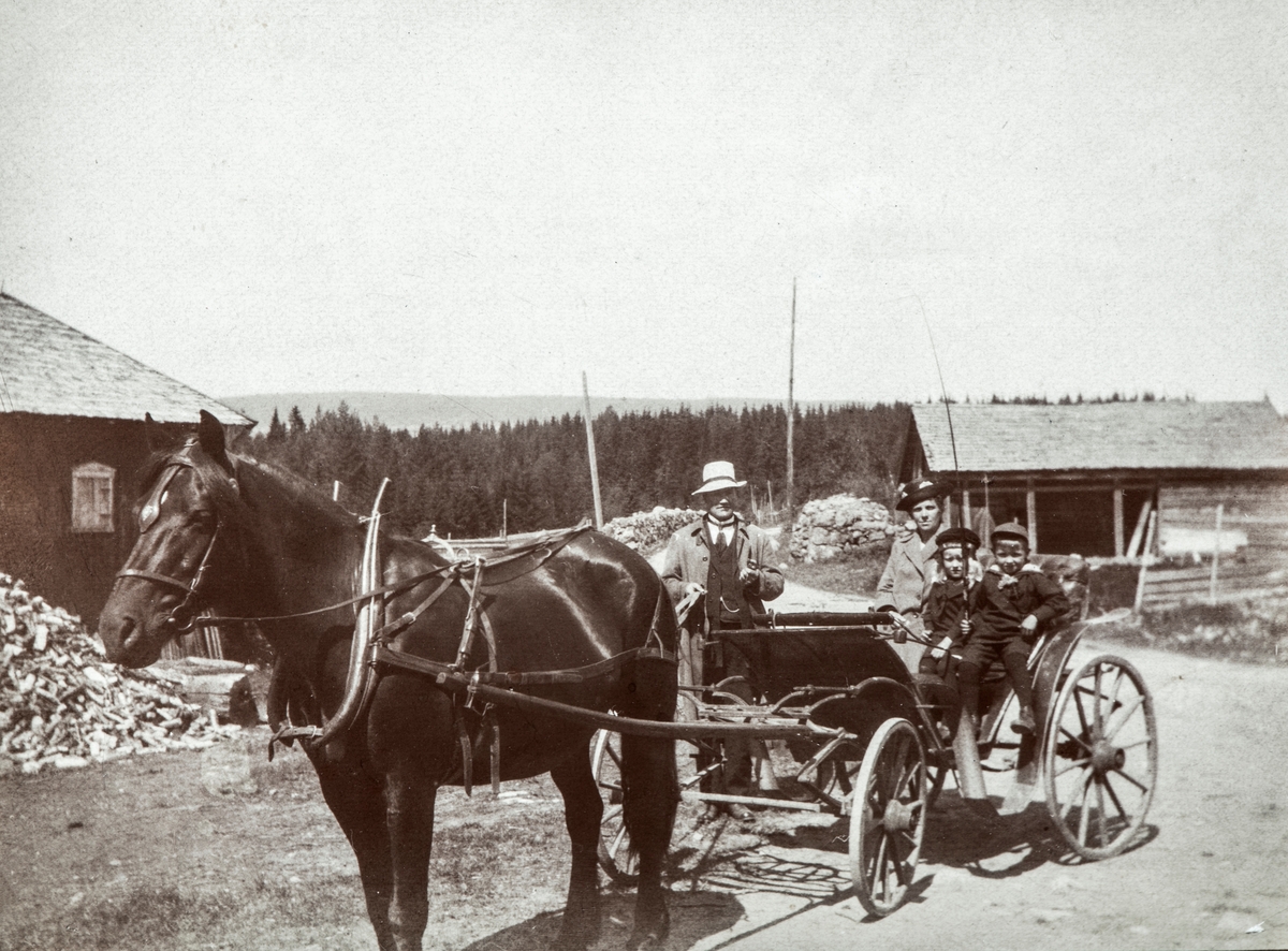 Haugset (59/1)
Hans og Helga Kirkeby med barn på besøk på Haugset med hest og trille.  Bygdevegen gikk over gardsplassen på Haugset i 1920-åra. Nord for garden var det steingjerde på begge sider av vegen.