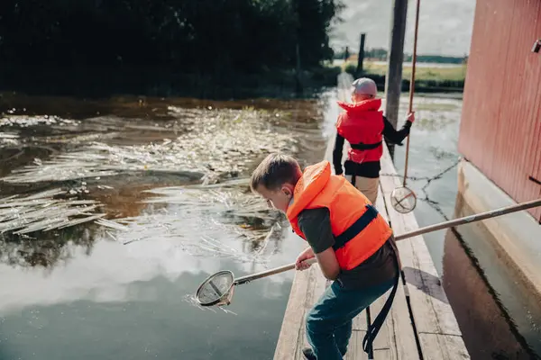 Foto av to barn som fanger insekter i vann om sommeren