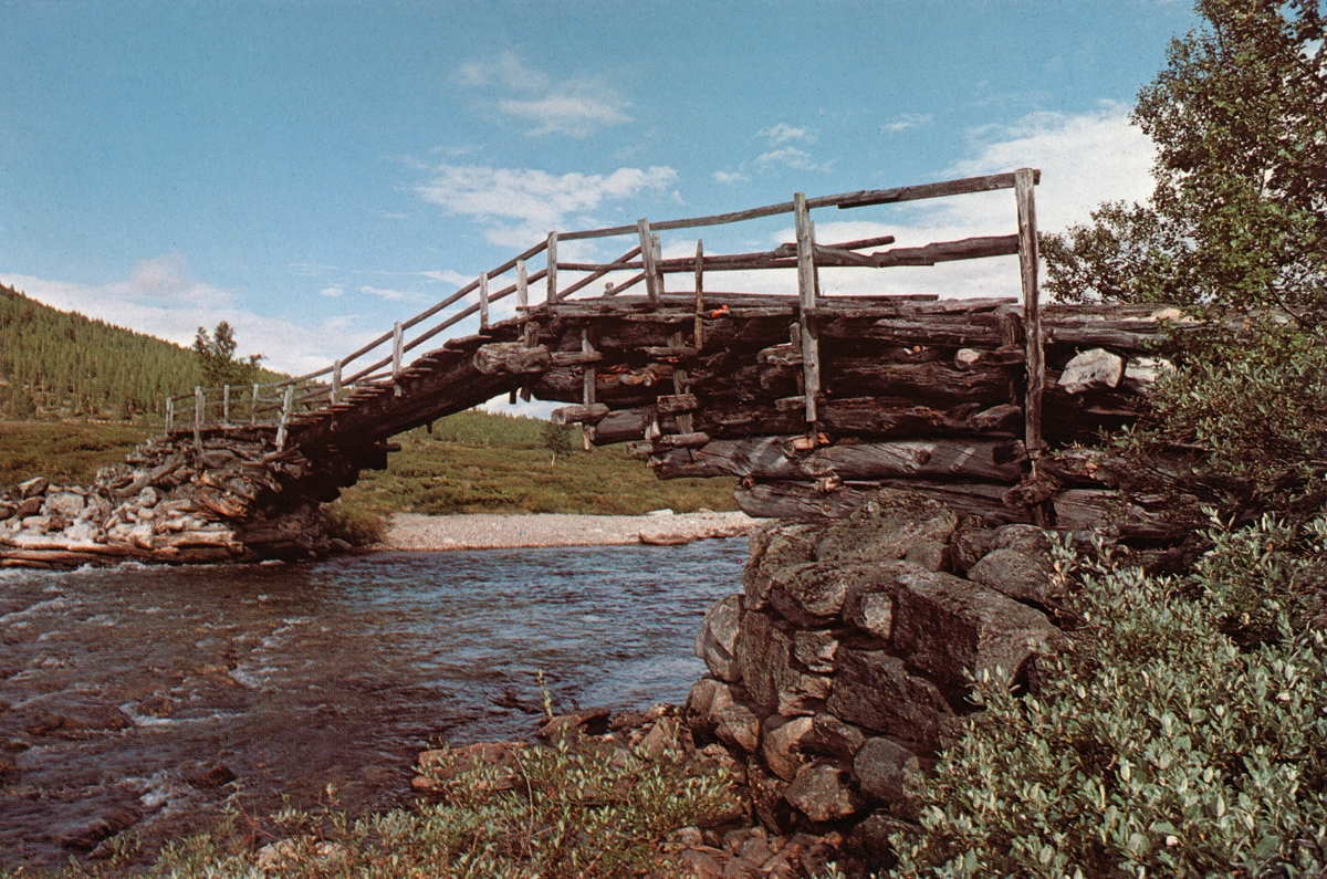 Godt bevart utliggerbru, Angardsbrua i Grimsdalen på Dovre. To bilder; farge- og svartkvittopptak fra omtrent samme sted.  Viser brua med tømmerkonstruksjoner på steinkar.  Fotografiet er publisert i tidsskriftet Statsskog nr. 1 1979.