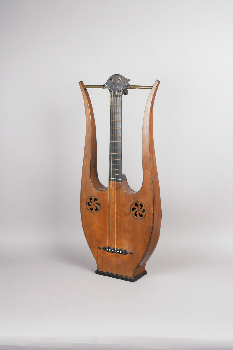 Vanlig gitar i omtrentlig gresk lyreform: korpus, gripebrett og to armer i et stykke. Armene forbundet øverst, gjennom skruekassen, ved et åk av metall. 6 strenger.

Stemmeskruer av ibenholt med perlemorsøye. Skruene festet undenifra. 13 bånd: 4 av ben, 9 av tre. 2 lydhull i form av gjennombrutte rosetter. Hals, gripebrett, strengefestet, fotstykke og kant rundt lydhullene av ibenholt. Knapper til strengefest av ibenholt med perlemor innlegg. Lokk av gran, sider og bunn mahogny. 
På innsiden av korpus to ribber av nåletre på tvers over bunn helt fram til sargene. 1 ribbe på tvers under lokk ovenfor rosettene.

Stil: Empire.