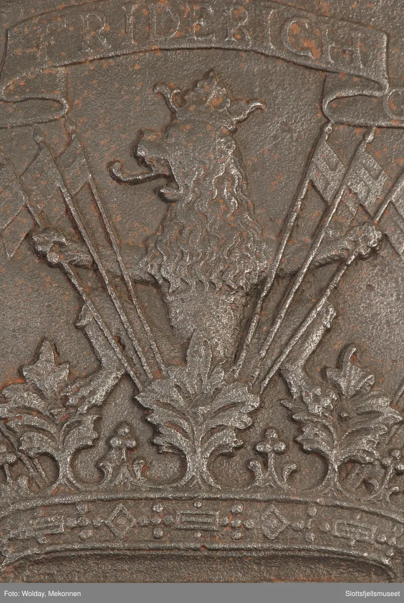 Gyldenløves våpern, omgitt av krigerske emblemer, derover på knekket bånd "ULRICH FRIDERICH"
nederst 1694