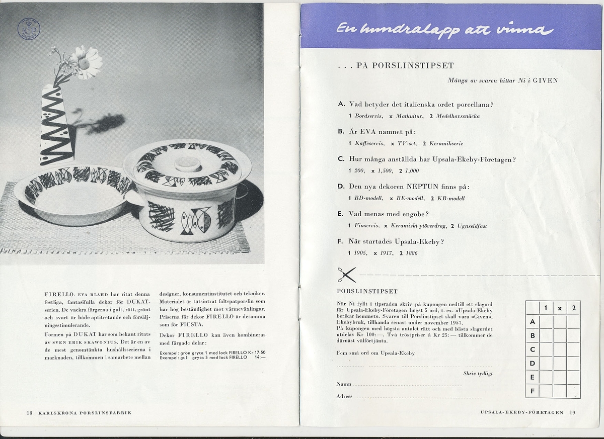 Produktkatalog, över 1957 års produktion av keramik vid Upsala-Ekeby/Gefle Porslinsfabrik.